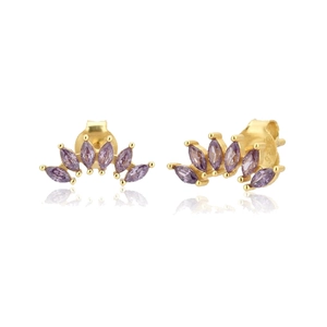 Macro view of gold fan-shaped stud earrings with inlaid purple marquise zircon stones