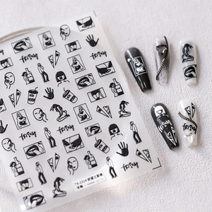Adesivi Per Nail Art In Rilievo 5D Auto Adesivi Illustrazione Bianco Nero Arte Lineare Decalcomanie Manicure Fai Da Te