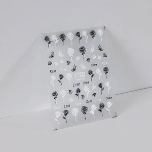 Minimalist black and white rose and butterfly nail art stickers with vintage lettering