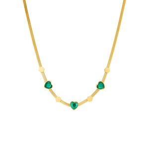 Gold flat chain necklace featuring green heart gems and hexagonal geometric pendants