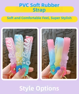 Detail of gradient PVC keychain strap with 3D Bubble lettering and gold metal ring