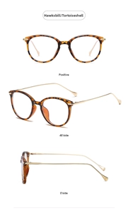 Detailed views of tortoiseshell cat-eye glasses with slim gold metal temples from three angles