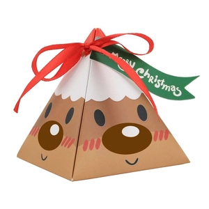 Brown reindeer pyramid Christmas gift box with white snow top and a red ribbon bow