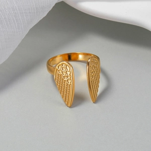 French vintage style 18K gold plated stainless steel ring featuring angelic wing design