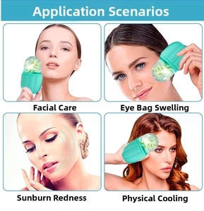 Silicone ice roller for face care showing depuffing, sun repair, and cooling applications