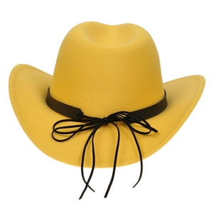 Detailed view of yellow western cowboy hat with black leather band and knotted cord