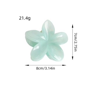 Frangipani flower hair claw clip in mint green with dimensions 8cm x 7cm and 21.4g weight