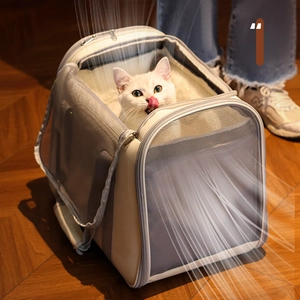 Grey portable breathable pet carrier bag with mesh sides and soft cushion for cats