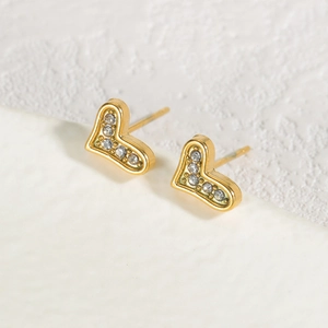 Elegant 18K gold plated heart stud earrings with sparkling crystals for women