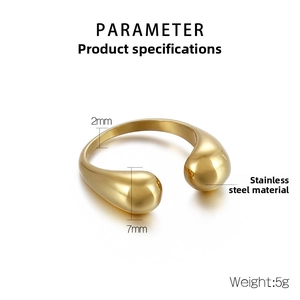 Detailed technical diagram of a golden teardrop stainless steel open ring with 5g weight