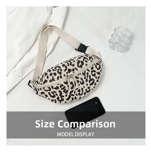 Detailed size comparison of leopard print straw fanny pack with a smartphone