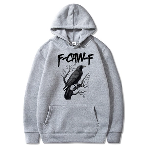 Grey F-CAW-F graphic hoodie featuring a crow on a withered tree for a casual street look