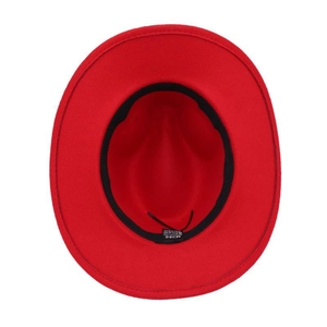 Detail view of red western cowboy hat interior with sweatband and size label