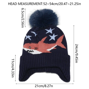 Detailed sizing chart for kids shark knit hat with blue pompom and ear flaps protection