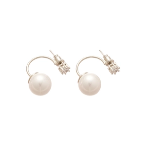 Sparkling cubic zirconia and faux pearl C-shaped silver earrings for women