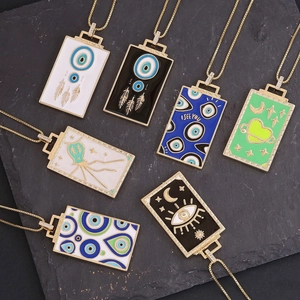 Bohemian Evil Eye Square Plaque Pendant Necklace Copper Enamel Rhinestone Jewelry Gift For Women Stylish