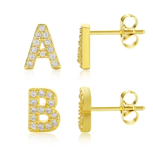 Gold plated alphabet stud earrings inlaid with white zircon featuring letters A and B