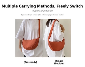 Detail showing multiple ways to wear the orange nylon dumpling bag as a crossbody or shoulder bag