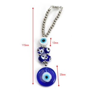 Detailed dimensions of Evil Eye keychain featuring glass beads and a 25mm blue pendant