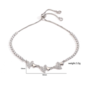 Elegant 18K silver plated adjustable double heart bracelet with cubic zirconia accents