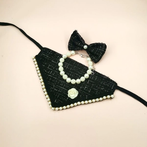 Chic 3-piece tweed pet accessory set with pearl necklace, floral bandana and bow tie