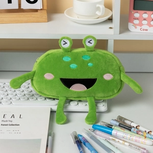 Funny green plush frog pencil case with big mouth and soft fabric for office desk storage