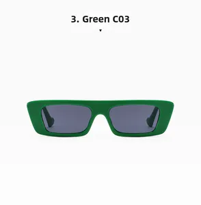 Front view of green rectangular wide leg sunglasses with dark grey lenses model C03
