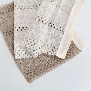 Handcrafted crochet striped table runner with tassels in beige and khaki cotton linen