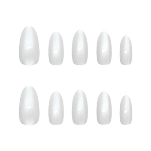 Handmade white cat eye press-on nails with a minimalist pearl luster almond shape design