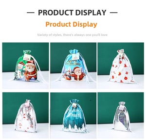 Detailed display of six Christmas drawstring gift bags with various festive patterns