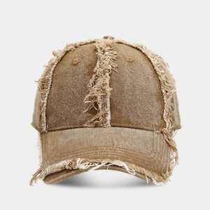 Distressed vintage tan denim baseball cap with fringed raw edges and retro street style