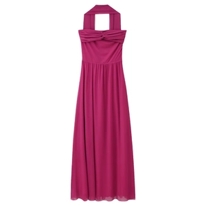 Halter Neck Mesh Maxi Dress Twist Knot Pleated Elegant Solid Color Flowy Backless For Women