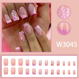 Sparkling pink gradient French press-on nails set with cherry blossom floral designs