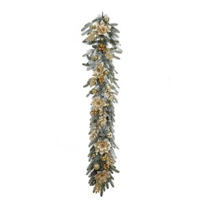 Close-up of snowy Christmas garland with gold leaves, beige flowers and golden baubles
