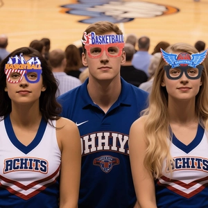 Three people wearing basketball party glasses with athlete silhouettes and stars on court