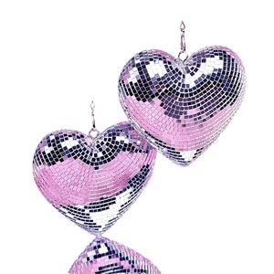 Pink heart disco ball mirror earrings with reflective mosaic tiles for party outfits