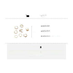 Detailed size and weight specs for a 10-piece gold-tone geometric heart ring set