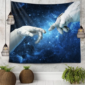Starry sky wall tapestry with astronaut hands inspired by The Creation of Adam painting