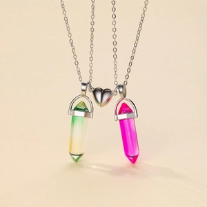 Couples magnetic attraction necklace with colorful hexagonal stone pendants on silver chain