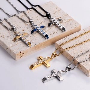 Hip hop stainless steel cross pendant necklaces in gold, silver, blue and black
