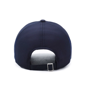 Lightweight navy blue baseball cap featuring breathable laser-cut holes and metal buckle