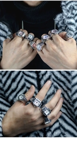 Creative vintage silver alloy watch rings with various dial shapes on fingers