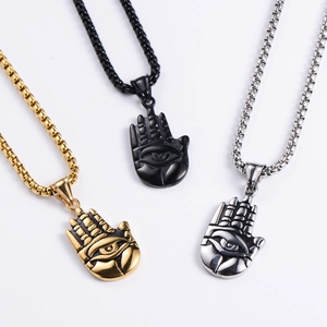 Vintage stainless steel Hamsa Hand pendant necklace in gold, black, and silver finishes