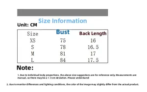 Detailed size chart for denim bustier vest with bust and back length measurements in CM