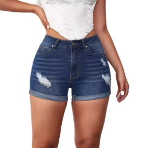 Pantaloncini di jeans a vita alta blu scuro da donna con strappi e orli risvoltati