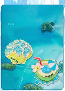 Detailed view of Sanya tropical metal magnets featuring shell and coconut tree designs