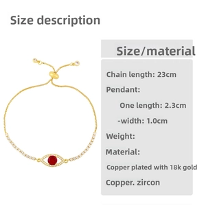 Detailed size guide for the adjustable 18K gold plated evil eye bracelet with red zircon