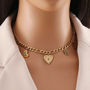 Stainless Steel Evil Eye Heart Pendant Necklace For Women Gold Plated Multi Charm Jewelry With Enamel Rhinestone Artificial Pearl