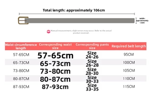 Detailed size chart for women's PU leather belt featuring length and width measurements