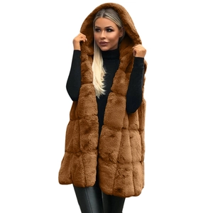 Gilet à capuche en fausse fourrure marron pour femme veste sans manches d'hiver élégante